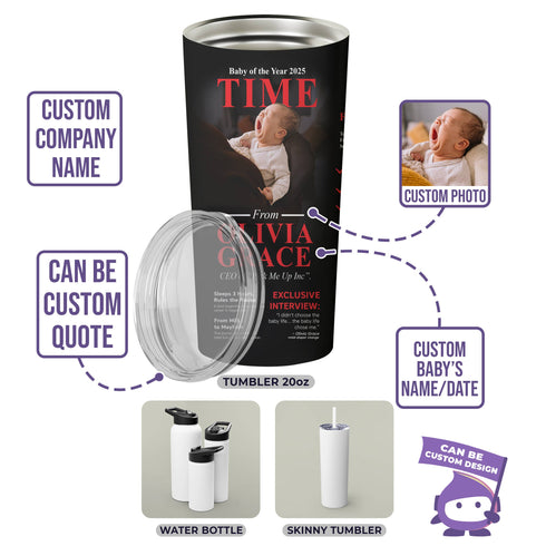 Personalized TIME Magazine Tumbler – Custom Baby & Mom Photo | 20oz Stainless Steel Gift